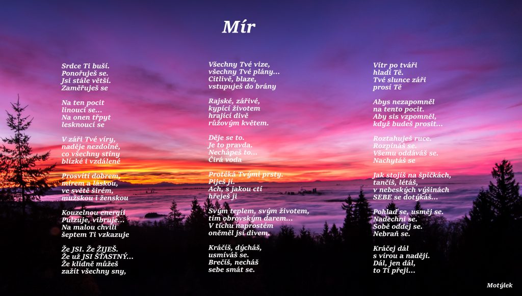 Motivační plakát Mír - umělecká báseň od Motýlek - Nuataa Sonáya